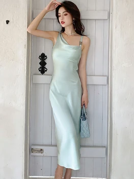 Yaz Yeşil Saten Lüks Sling uzun elbise Kadınlar Kore Zarif Abiye 2023 Moda Bodycon İstek üzerine Uygun Elbiseler