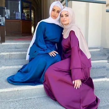 Eid Ramazan Müslüman Kadınlar Maxi Elbise Saten Abaya Dubai Kaftan Türkiye Robe İslam Giyim Akşam Parti Kıyafeti Orta Doğu Vestido