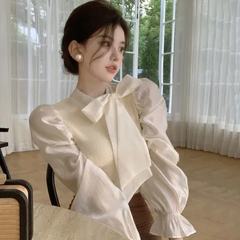 Şık Kadın Gömlek Standı Yaka Şerit Yay Fransız Tarzı Puf Uzun Kollu Zarif Bluz Patchwork Ofis kadın bluzları Moda