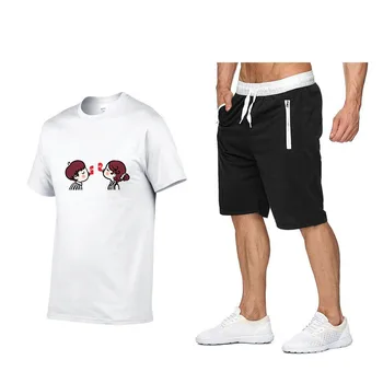 Yaz eğlence baskı eşofman erkekler iki parçalı erkek seti pamuk tshirt şort spor spor takımları casual streetwear koşu seti