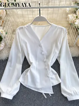 GLCMYAYA Streetwear Moda Uzun Kollu Wrap V Yaka Çapraz Düğme Düzensizlik Gömlek Üst 2023 Kadın Ofis Parti Bluz