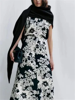 Kadın Slim Fit Kısa Kollu uzun elbise O-boyun Yüksek Bel A-Line Çiçek Baskı 2023 Yaz Yeni Bayanlar Zarif Orta Uzunlukta Elbise