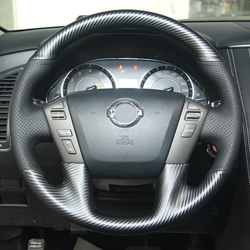 DIY Özel Nissan PATROL için Y62 DEVRİYE Arabası Aksesuarları Oto İç Karbon Fiber Siyah deri araba direksiyon kılıfı