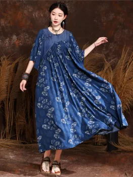 Retro Gevşek Eklenmiş Baskı Elbise Kadınlar 2023 Yeni Yaz Sonbahar O-boyun Yarım Kollu Rahat Tüm Maç Elbise