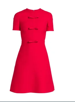 Yüksek Kaliteli kadın kıyafetleri 2023 Bahar Moda Yün Kırmızı Elbise Tatlı Kızlar Mini Elbise Yay İle