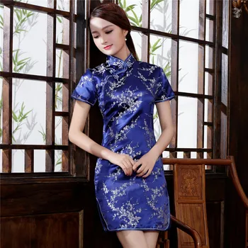 Büyük boy Mavi Yeni Çiçek Mini Qipao Klasik Mandarin Yaka Saten Cheongsam Geleneksel Çin Kadın El Yapımı Düğme Elbise