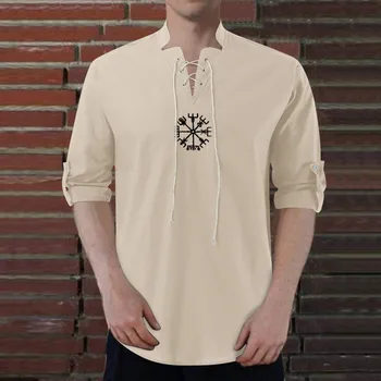 Gömlek Dantel Up Keten Üstleri Erkek Pamuk Keten Vintage Kaputsuz Drawstrıngs Gömlek Uzun Kollu Vintage Ortaçağ Gevşek Camisa Hombre