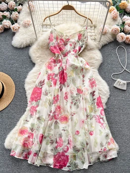 YuooMuoo Kadın Elbise Yaz Tatili Moda Spagetti Kayışı Çiçek baskılı uzun elbise Zarif Romantik Parti Vestidos