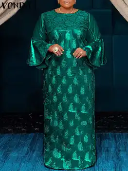 2023 VONDA Maxi uzun elbise Kadın Yaz Parti Elbise Uzun Parlama Kollu Baskılı Dantel Vestidos Zarif Elbise Vintage Saten Sundress