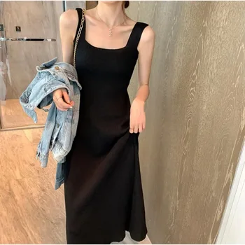 Katmanlı ile askı örme elbise 2023 Yaz Yeni Alt uzun elbise Seksi Mizaç Yumuşak Tank Top Etek Dış Giyim
