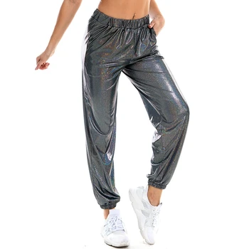Yansıtıcı Kadınlar Yüksek Bel Metalik koşucu pantolonu Pantolon Parlak Holografik Gevşek Pantolon Hip Hop Dans Pantolon Dipleri Streetwear
