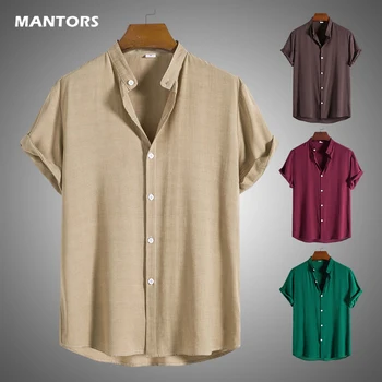Kısa Kollu erkek gömleği 2023 Yaz Standı Yaka Gömlek Erkek Üstleri Streetwear Düz Renk Plaj Gevşek Bluz Erkekler Casual Tees