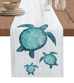 Yaz Plaj Deniz Kaplumbağası Ahşap Tahıl Masa Koşucu Pamuk Keten Mutfak yemek masası Dekor Rustik Düğün Tatil Masa Örtüsü