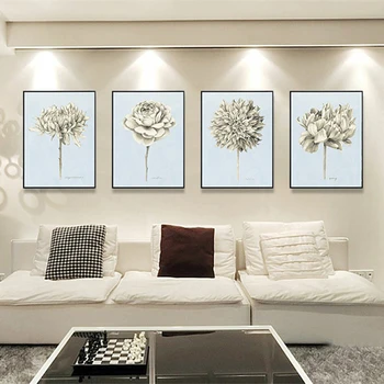HAOCHU Tuval Boyama Triptik Posteri Beyaz Siyah Çiçek Gül Duvar Resimleri Kroki Tarzı Oturma Odası Dekor için Zanaat Resimleri
