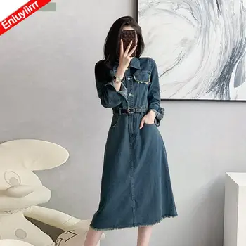 Sıcak Satış Fransız Tarzı Tasarım Kadınlar 2023 Ofis Bayan Vintage Retro Mavi Kot Denim Gömlek Elbise Bir Çizgi Kadınsı Vestidos