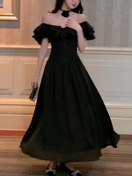 Kadın Peri Tatil Parti Katı Elbise ElegantVintage Kapalı Omuz İnce Bel Eve A-Line Giyim 2023 Yaz Yeni Elbise Vestidos