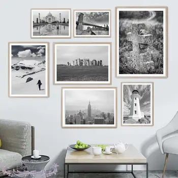 Siyah Beyaz Ünlü Doğal Noktalar Posteri Taj Mahal Brooklyn Köprüsü New York Şehir Tuval Boyama Duvar Sanatı Resimleri için Oturma Odası