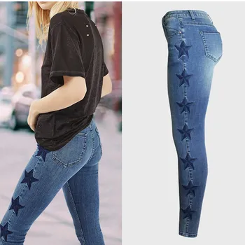 Kadınlar Yüksek Bel Yaz Kalem Skinny Jeans Kadın Rahat Kovboy Kot Pantolon Bayanlar Elastik Streç Yıldız Desen Jean Pantolon