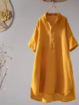 Kadın Gevşek Bluz Orta Uzun Düz Renk Gömlek Jumper Kadın Ceket Rahat Yaz Kısa Kollu Gömlek Elbise Moda Bağbozumu
