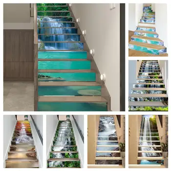 6/13 adet Şelale Merdiven Sticker Özel Boyut Merdiven Duvar Kendinden Yapışkanlı Duvar Kağıdı Yükseltici Merdiven Çıkartmalar Ev Merdiven Dekor