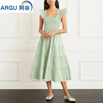 Yeni 2023 Vintage Puf Kollu Düz Renk Kısa Ruffles Elbise Yaz Kadın Bayanlar Dantel-up Ön Kare Yaka Dantelli Elbise