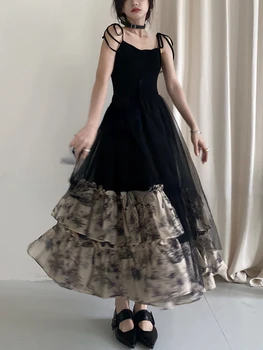 Fransız Vintage Siyah kemerli elbise Gotik Rahat Yaz Kolsuz Seksi Retro Midi Elbise İnce Kore Tarzı Parti Elbise Kadın 2023