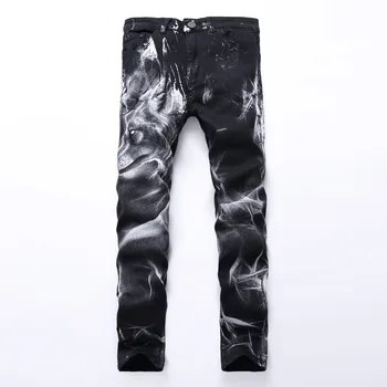 Yeni Marka Kot erkek Siyah Kurt Baskılı Pantolon Düz Adam Denim Streç Jean Hi-Q Tasarımcı Pantolon Gece Kulüpleri Şarkıcılar