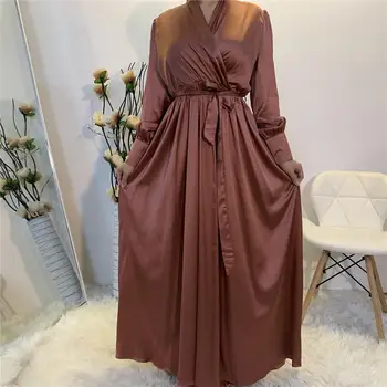 Son Saten Zarif Stil Ruffles Uzun Kollu Müslüman sabahlık kadın müslüman kıyafetleri Tulum Dubai İslam Türkiye abayas F1711