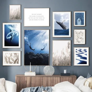 Beyaz Taş Kamış Mavi Deniz Balina Dalgıç duvar sanatı tuval yağlıboya İskandinav Posterler Ve Baskılar Duvar Resimleri Için Oturma Odası Dekor