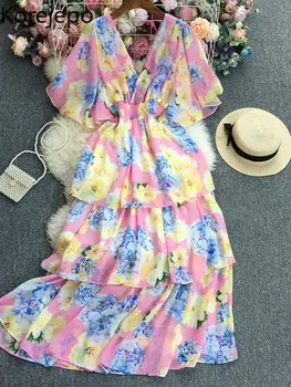 Korejepo Büyük Çiçek Şifon elbise Kadın İlkbahar Yaz Güzel Peri Zarif İnce Giysiler 2023 Zarif Mizaç Elbiseler
