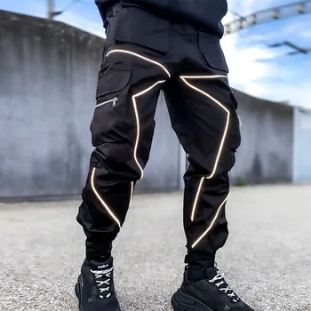 Erkekler Yansıtıcı Fermuar Kargo Pantolon Çok Cepler Hip Hop Pantolon Açık Jogger Spor Yüksek Kaliteli Gevşek Streetwear