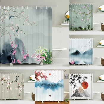Çin Manzara Çiçek Ve Kuş Baskı Banyo Perdesi Su Geçirmez Polyester Ev Dekorasyon Duş Perdesi Kanca İle