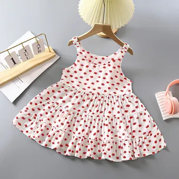 Toddler Elbise Bebek İnce Tarzı Askı Elbise Nefes Sevimli Kırmızı Karikatür Çiçek Desenli Kızlar İçin 6 Ay Ekose Kızlar için