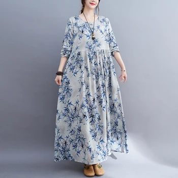 Baskı Çiçek Gevşek Rahat Uzun Kollu Vintage Sonbahar Elbise Yumuşak Pamuk Keten Tatil Seyahat Tarzı Kadın Rahat Bahar uzun elbise