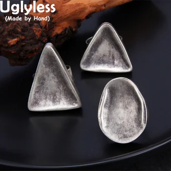 Uglyless Ağır Geometrik Düğmeler Yüzükler Kadınlar Büyük Abartılı Oval Üçgen Yüzük 925 Gümüş Vintage Takı İçi Boş Yüzük