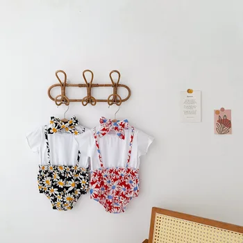 Yaz Kore Ins Bebek Kız Sahte İki Parçalı Bodysuit Papatya Kısa Kollu Muslin Bebek Kız Üçgen Romper Yenidoğan Kız Giysileri 