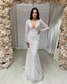 Zarif Uzun Kollu Mermaid Boho düğün elbisesi 2023 Bohemian Sequins Boncuk Düğün gelinlikler Vestido de Noiva Mariee