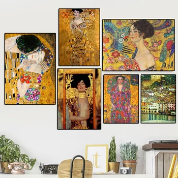 Öpücük Adele Bloch Bauer Retro Ünlü Gustav Klimt Poster Hd Baskı Tuval Boyama duvar sanat resmi İç Oturma Odası